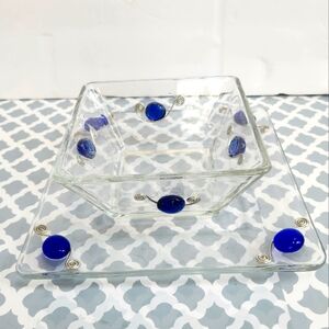 Elegant Glass Bowl and Plate Set with Blue Accents
